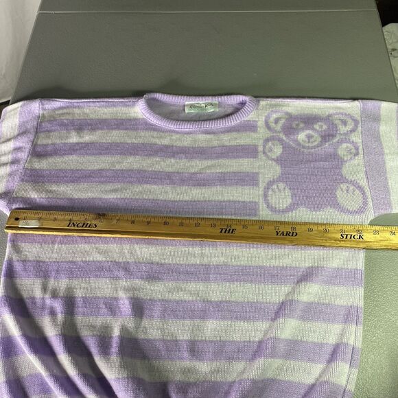 Vintage GLAMOUR KNIT Sweater Teddy Bear Purple Striped Retro 1970s Womens M L - Picture 5 of 6